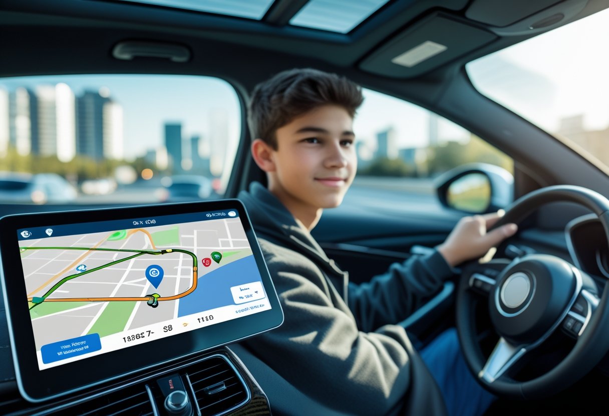 Teenage driver sitting in a car showing a GPS vehicle tracking system on the dashboard screen.