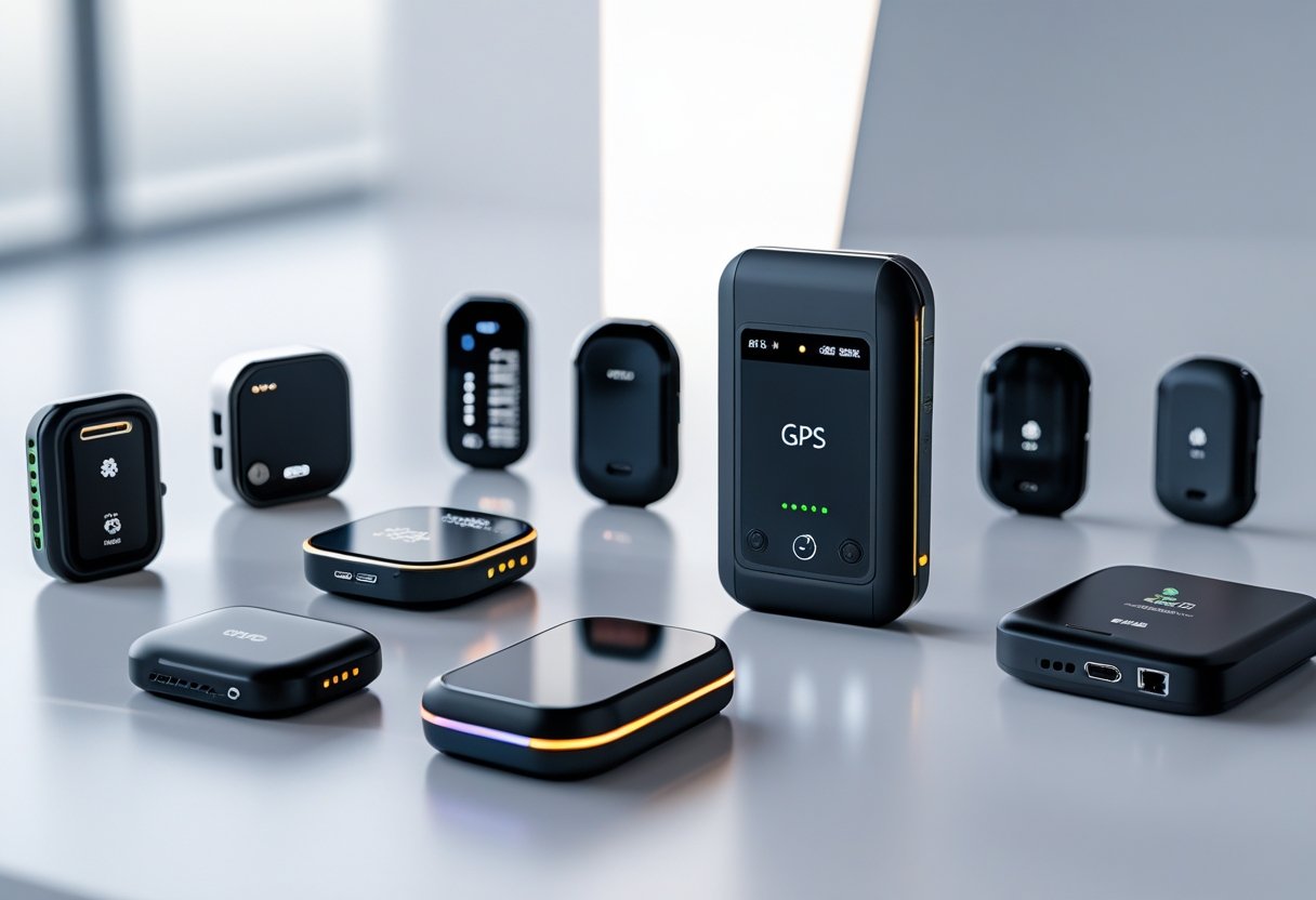 A collection of various small GPS tracker devices displayed on a white surface.