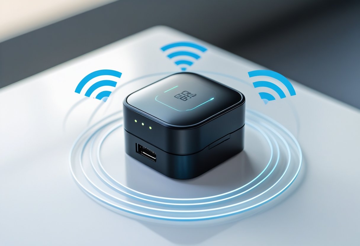 A compact black GPS tracker device on a white surface with blue wireless signal waves around it.