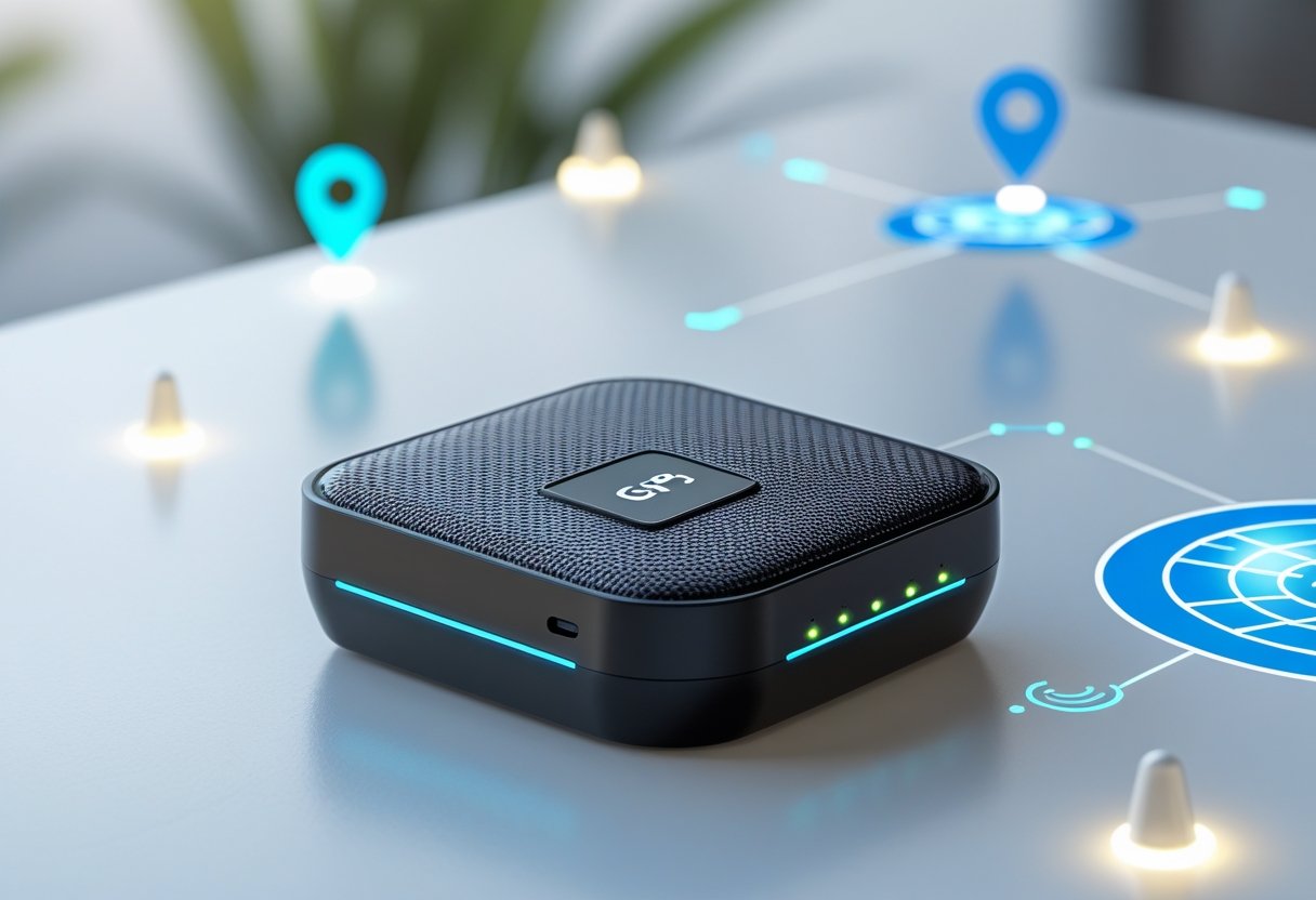 A compact GPS tracker device on a white surface surrounded by digital location pins and wireless signal icons.