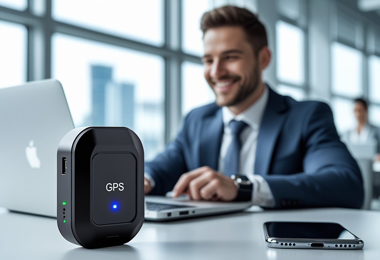 A GPS tracker device on a desk next to a laptop and smartphone with a person in the background reviewing location data.
