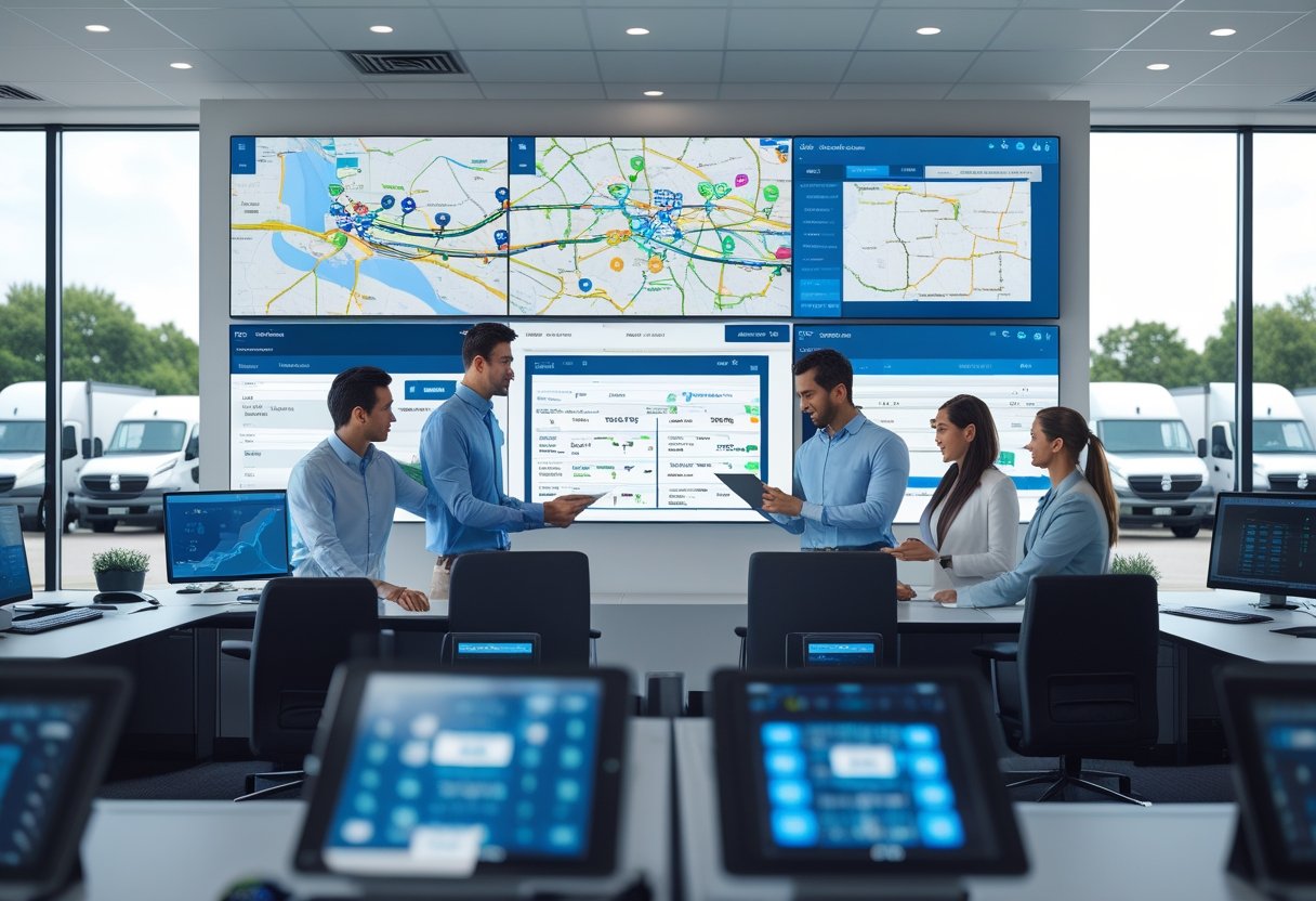 A team of professionals monitoring vehicle routes and tracking data on multiple screens in a modern fleet management office with trucks visible outside.