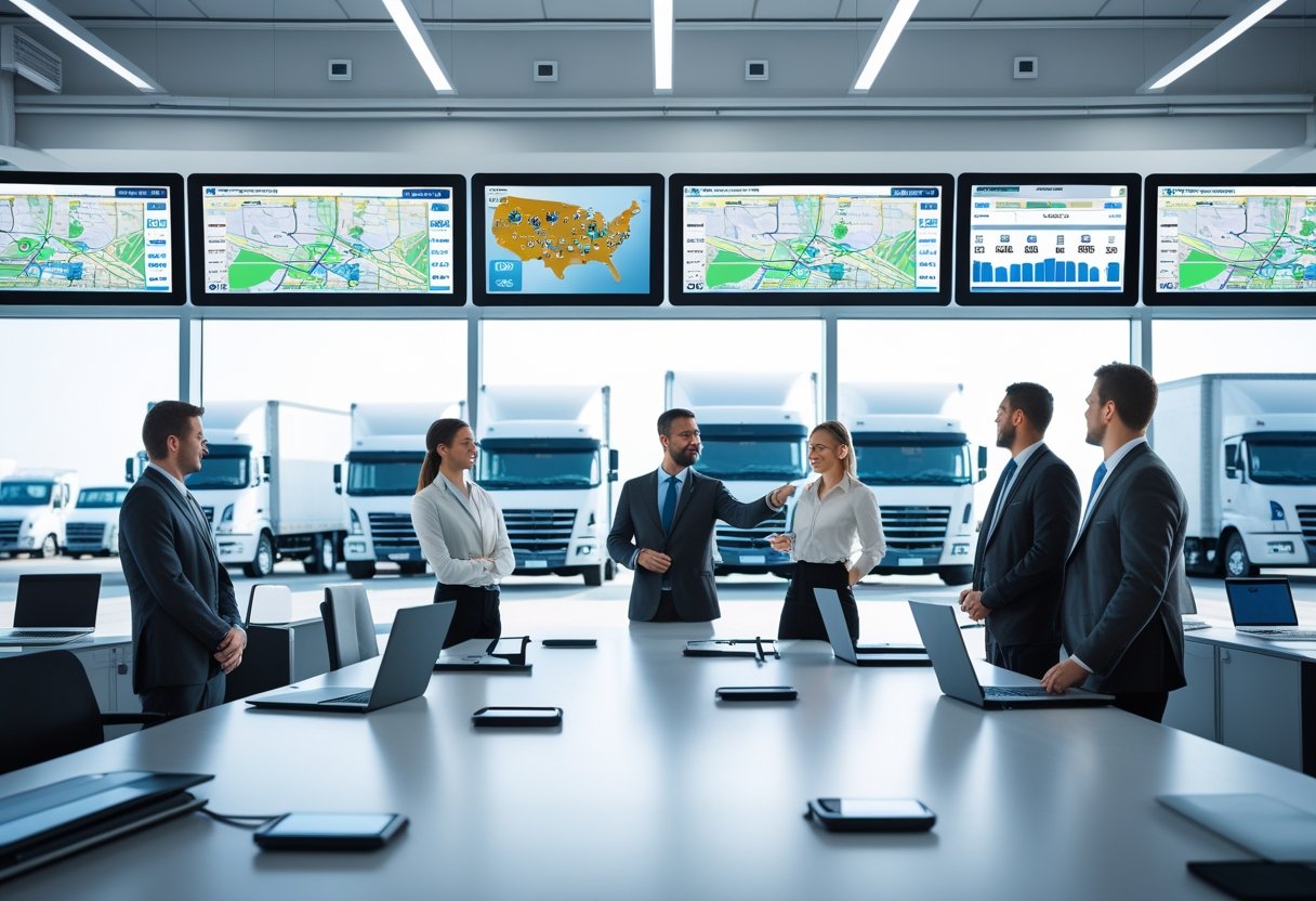 A team of professionals in an office monitors digital maps and vehicle locations on large screens, with trucks visible outside the window.