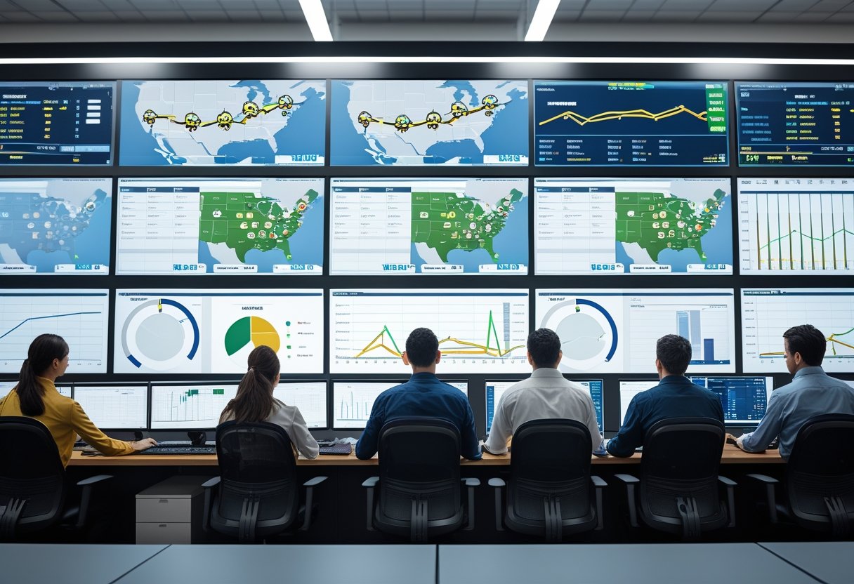 A team of professionals monitoring multiple digital screens showing vehicle locations and data in a fleet tracking control room.