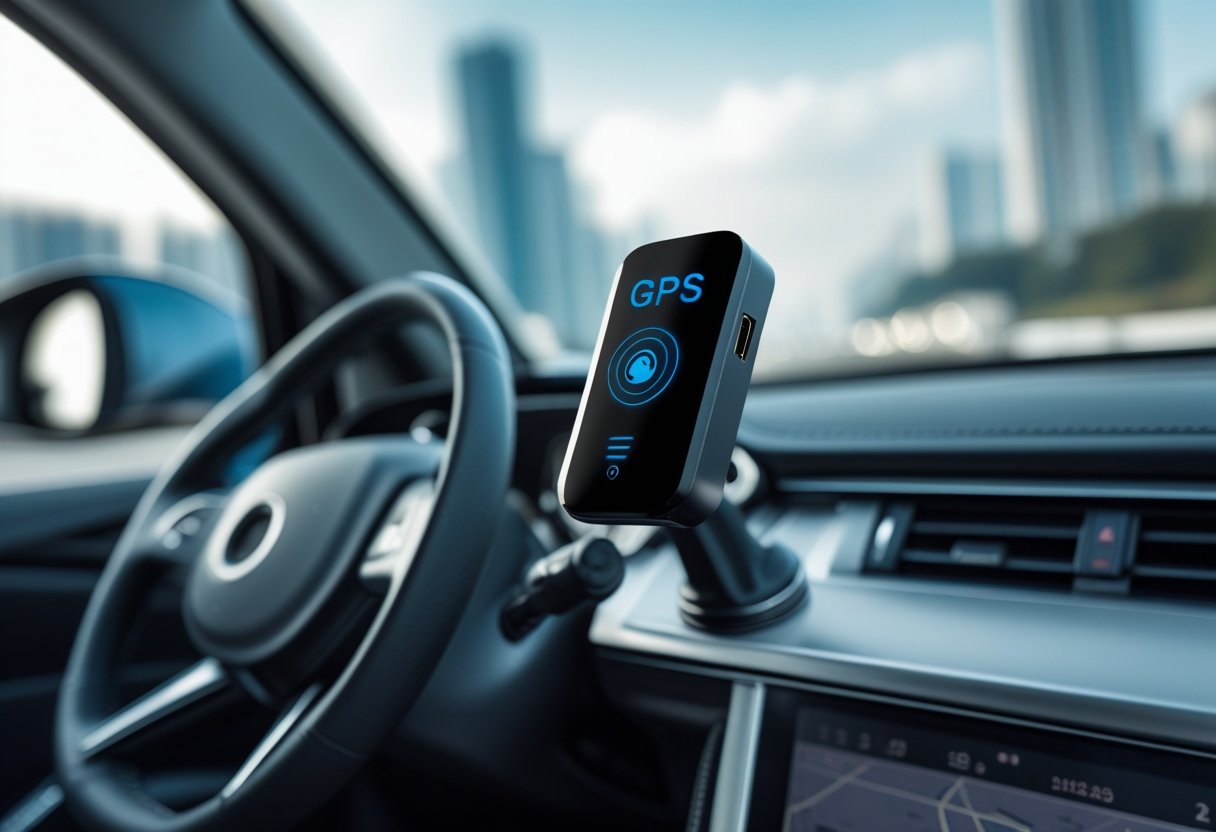 Interior of a car showing a GPS tracking device mounted on the dashboard with a blurred cityscape visible through the windshield.