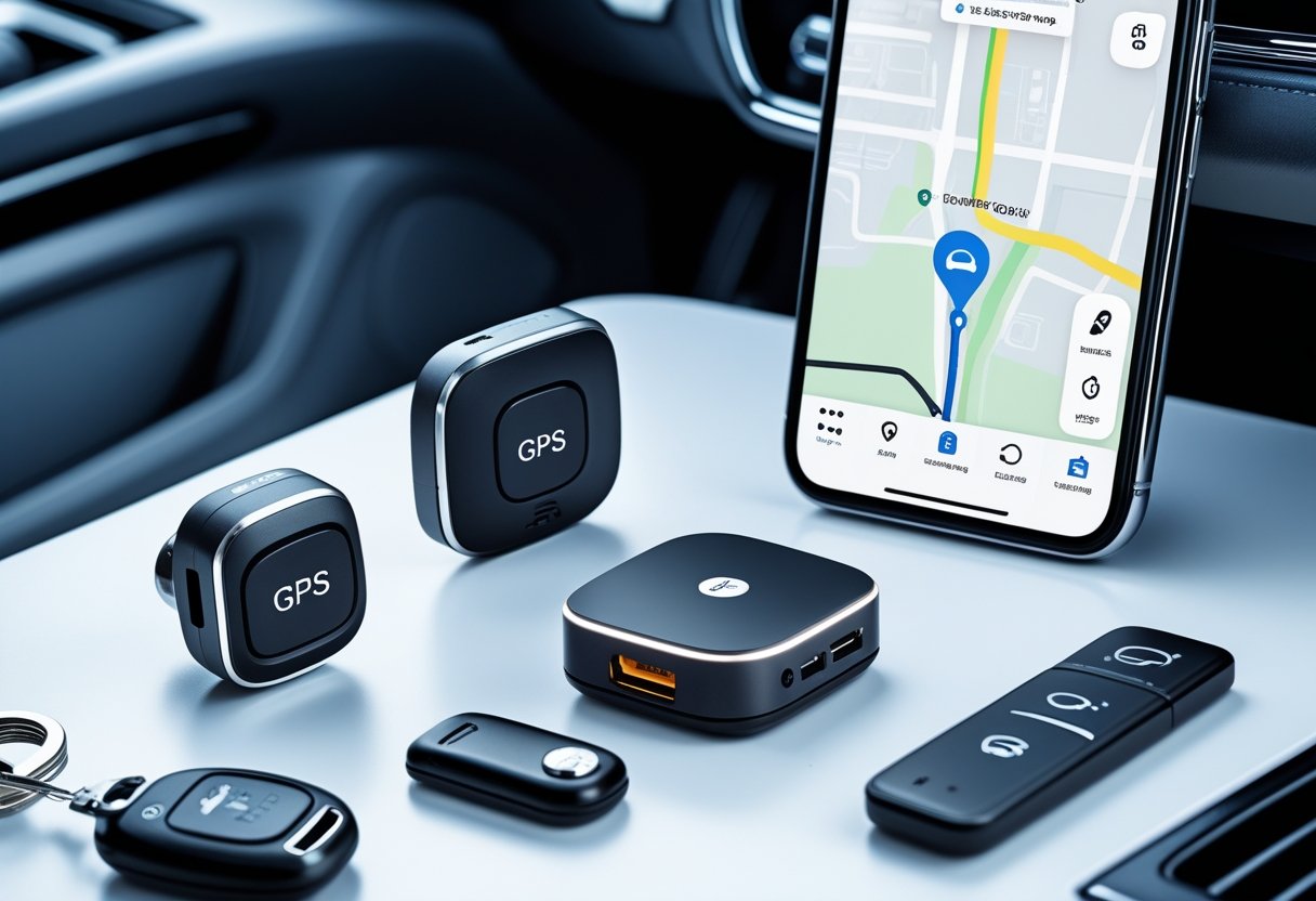 Various types of car GPS tracking devices displayed on a white surface with a smartphone showing a map and a blurred car dashboard in the background.
