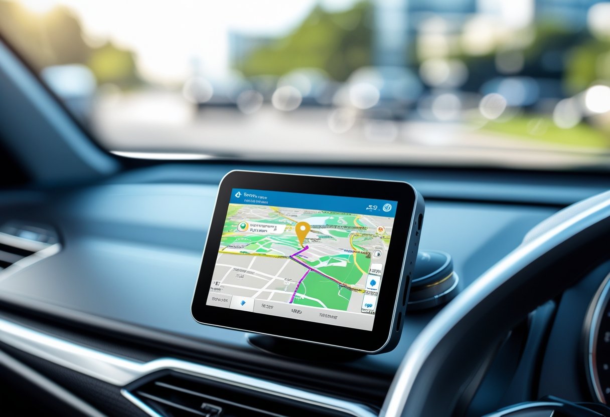 Close-up of a car dashboard showing a GPS device with a map and route displayed, with a blurred street scene visible through the windshield.