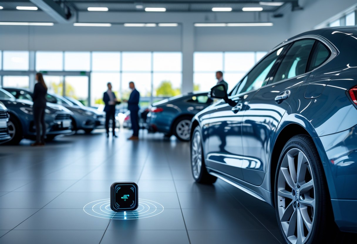 Car dealership showroom with new cars and a highlighted car tracking device under one vehicle.