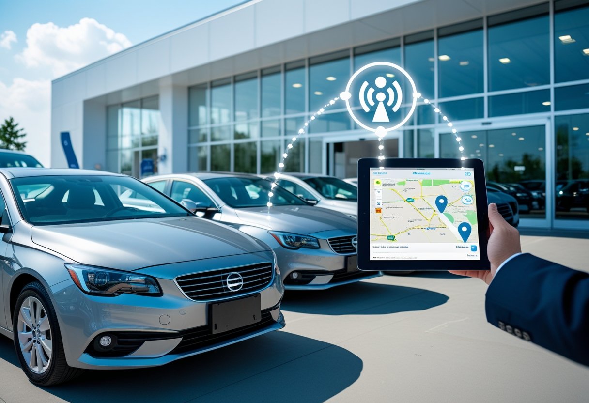 A car dealership lot with new cars parked, a dealership employee holding a tablet showing a map with location pins, and a digital overlay of a GPS satellite connected to a car.