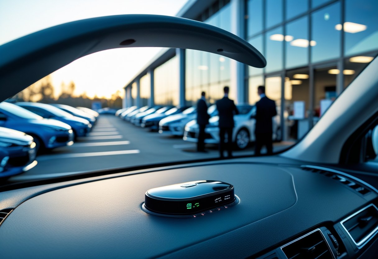 A car dealership lot with new cars parked and a close-up of a car dashboard showing a small GPS tracking device.