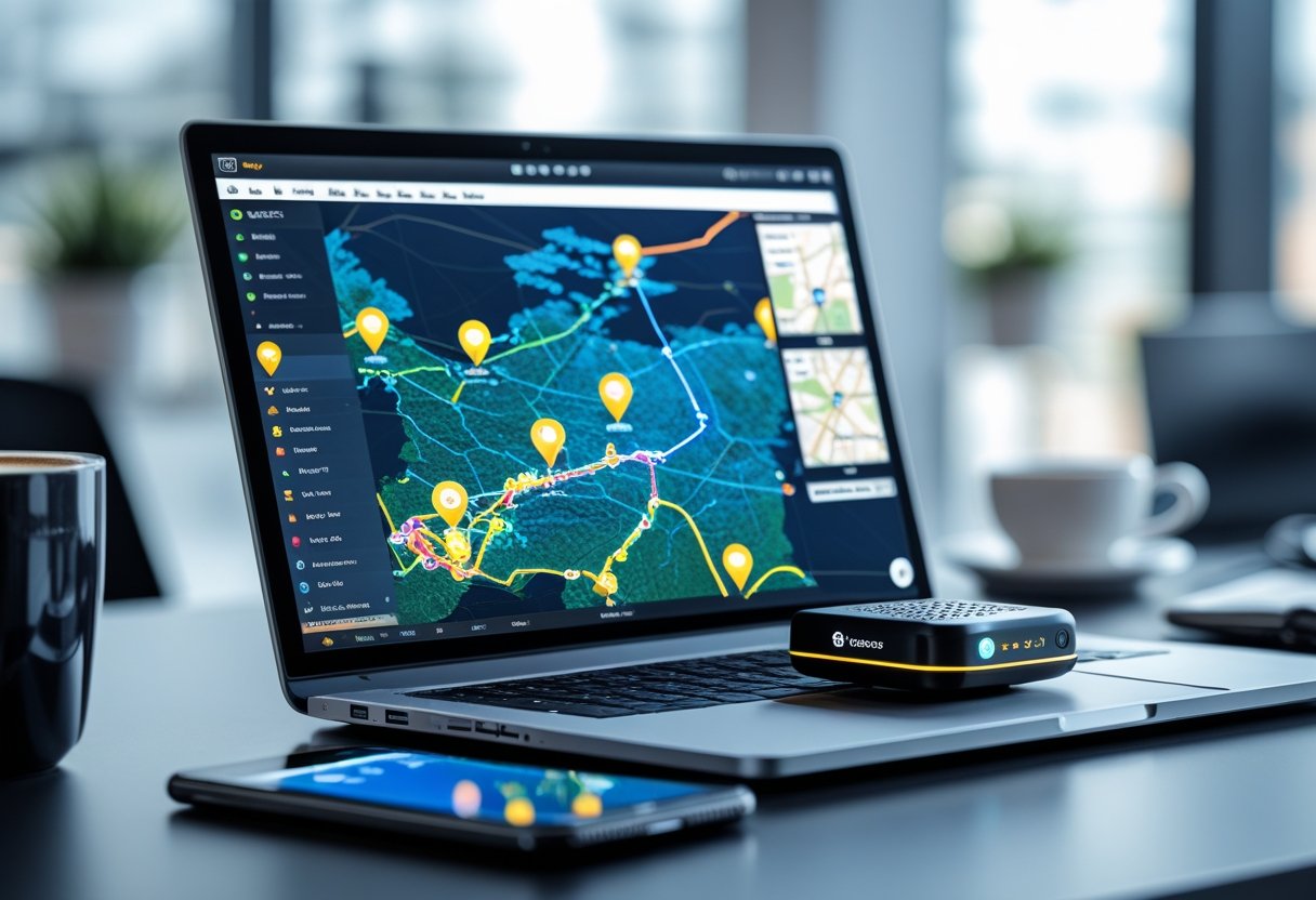 A laptop showing a digital map with moving location markers and a GPS tracking device on a desk in an office setting.
