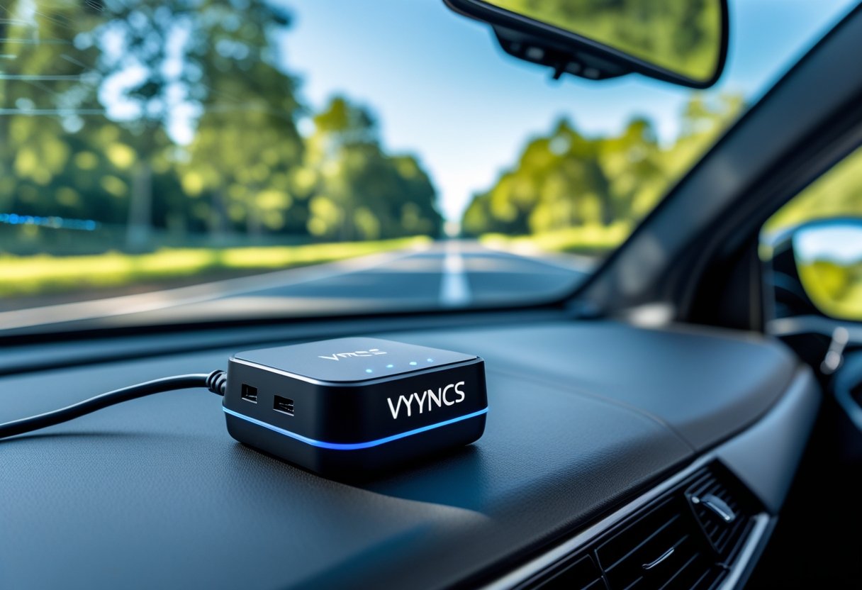 A small GPS tracker device placed on a car dashboard with a road and trees visible through the windshield.