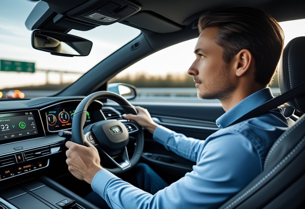 Driver inside a car looking at the road with a dashboard displaying driving metrics and safety features.