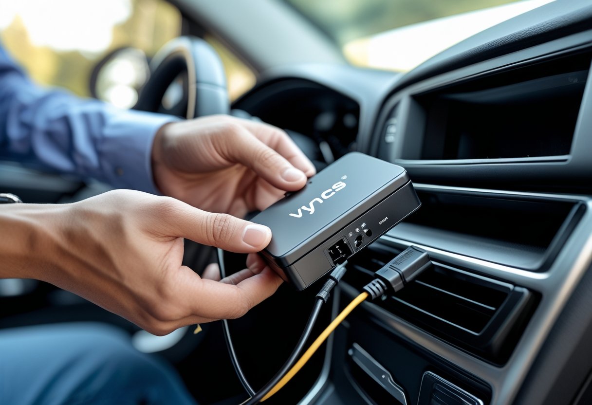 Close-up of hands installing a compact GPS tracker device inside a car dashboard.