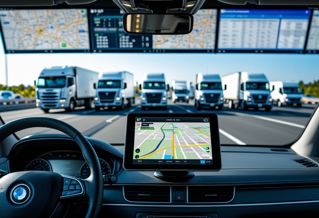 A car dashboard with a GPS tracking device showing a map, vehicles driving on a highway, and a control room with screens displaying vehicle tracking data.