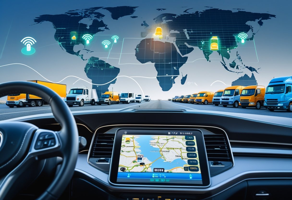 A car dashboard with a GPS navigation screen showing a map and vehicle location, with icons representing satellite signals and tracking devices, and a digital map displaying multiple vehicles being tracked.