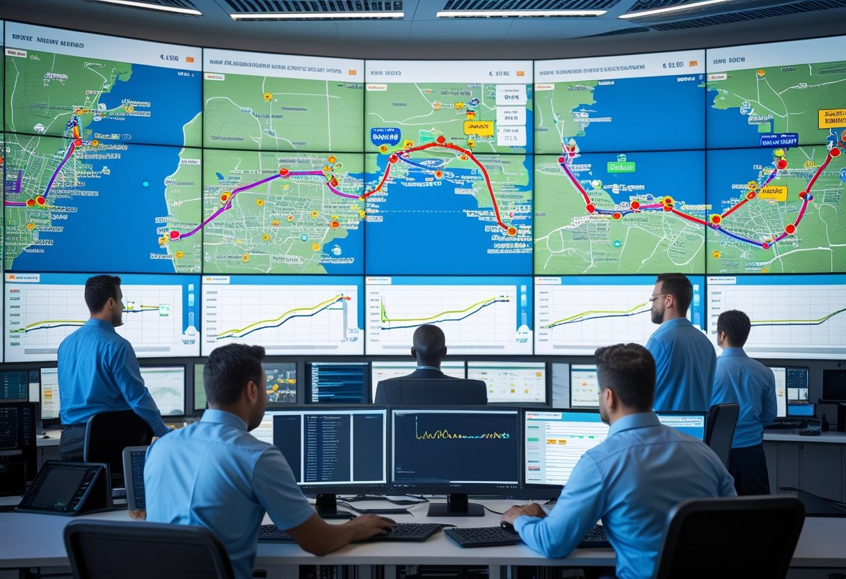 People in a control room monitoring multiple screens showing real-time GPS tracking maps of vehicles.