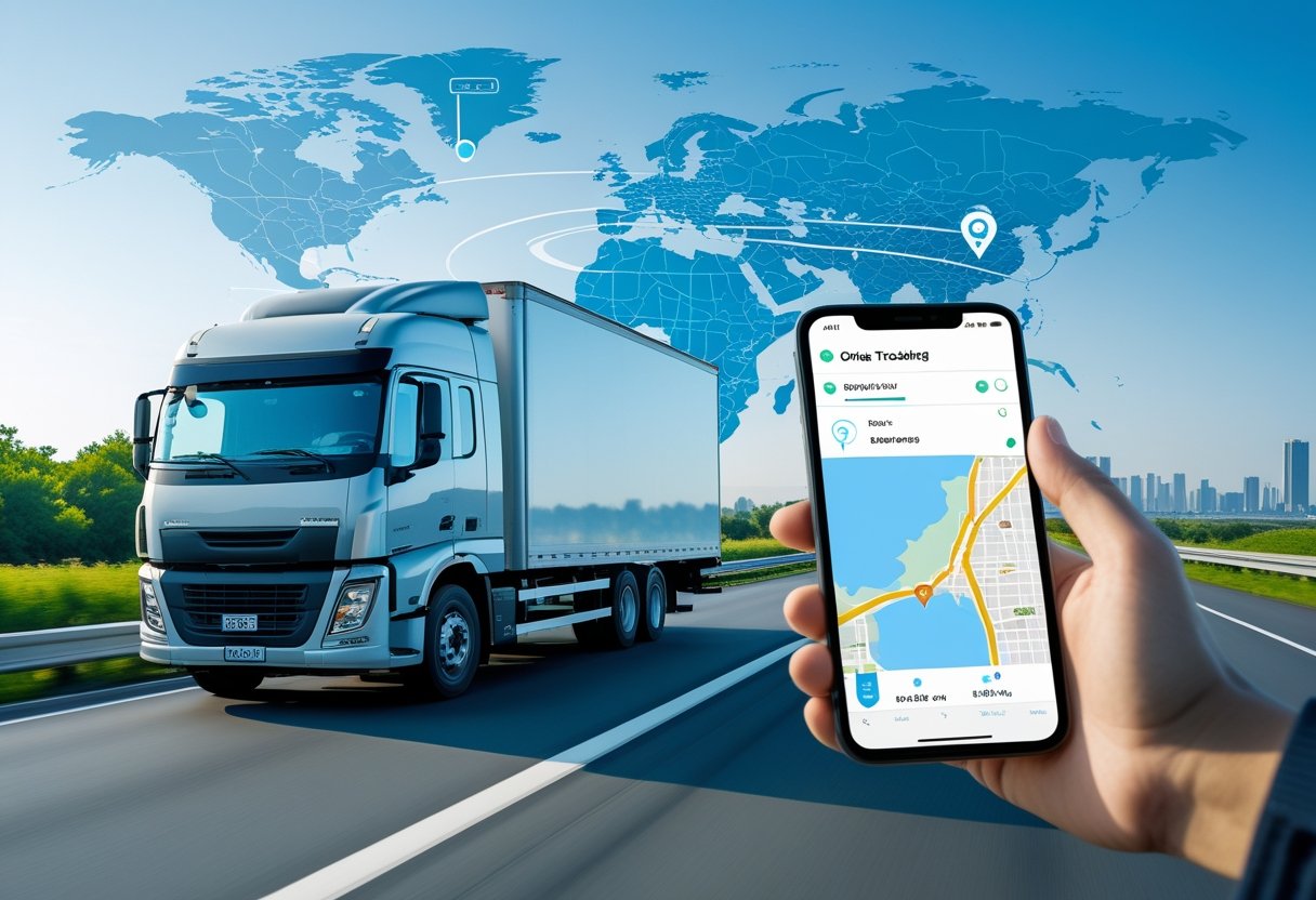 A delivery truck driving on a highway with a smartphone showing a live GPS tracking map in the foreground.