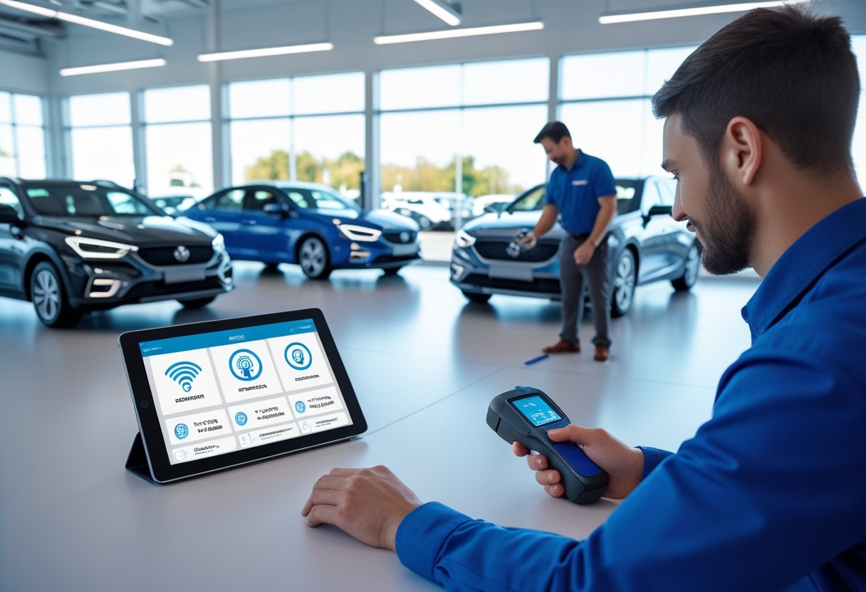 A car dealership showroom with a staff member using a tablet displaying vehicle tracking icons, a car with a GPS device on the dashboard, and a mechanic scanning a barcode on a vehicle in the service area.