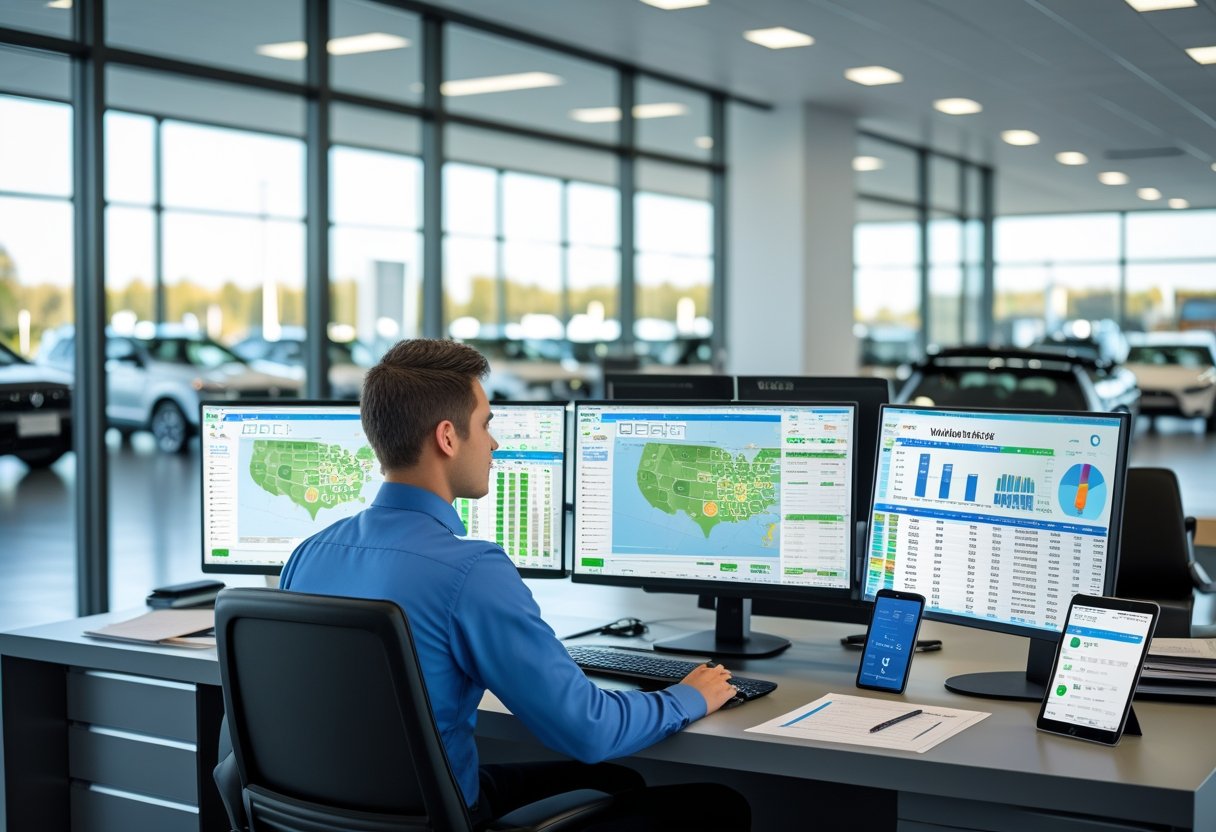 A dealership employee working at a desk with multiple computer screens showing vehicle tracking information, with cars visible in the showroom behind.