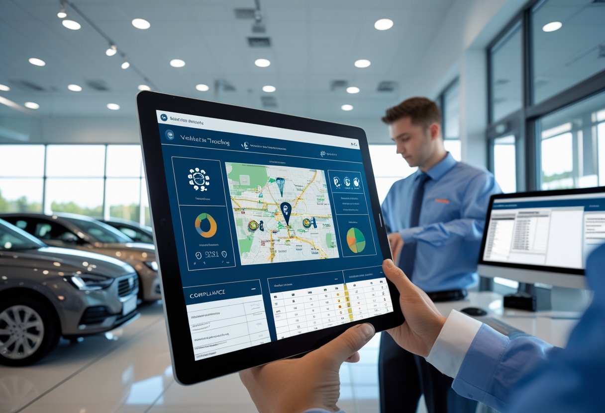 A car dealership showroom with employees using digital devices to monitor vehicle tracking and compliance.