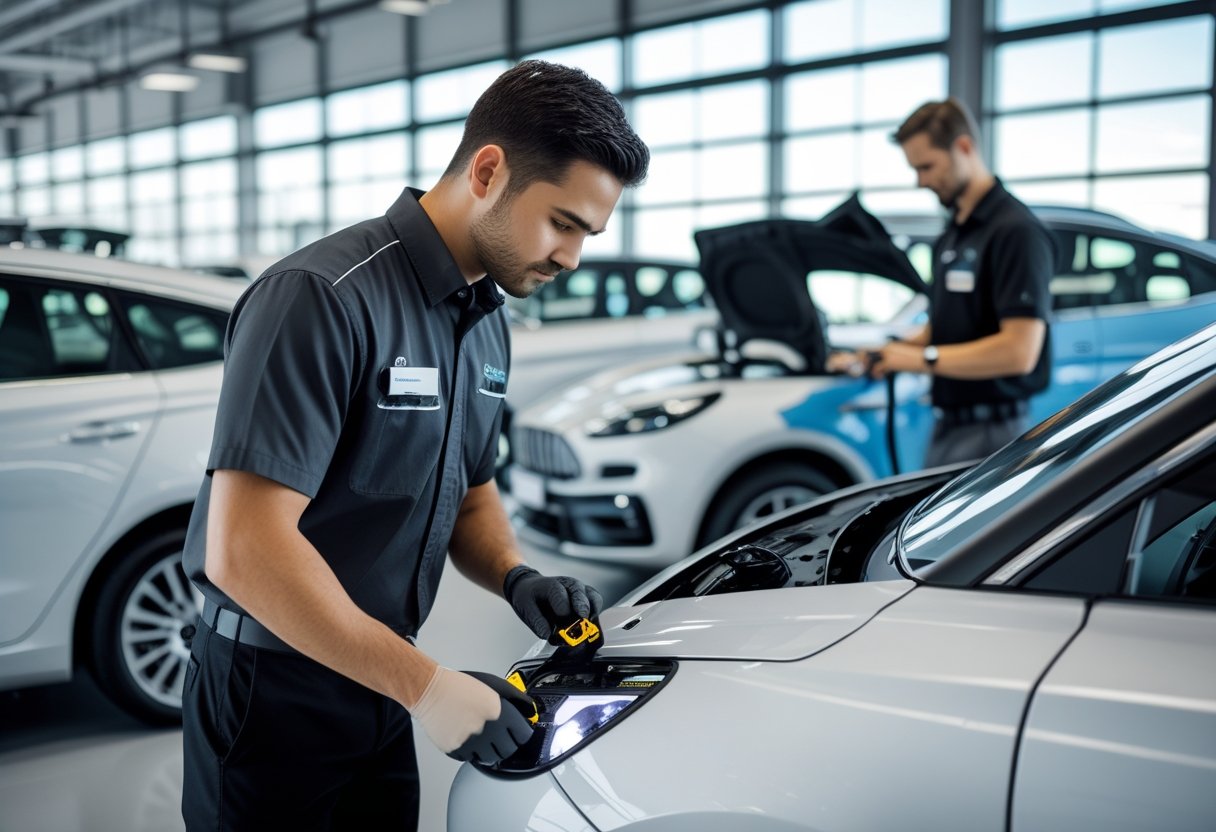 A technician installing a GPS tracking device inside a car at a dealership service area while another employee monitors vehicle locations on a computer.
