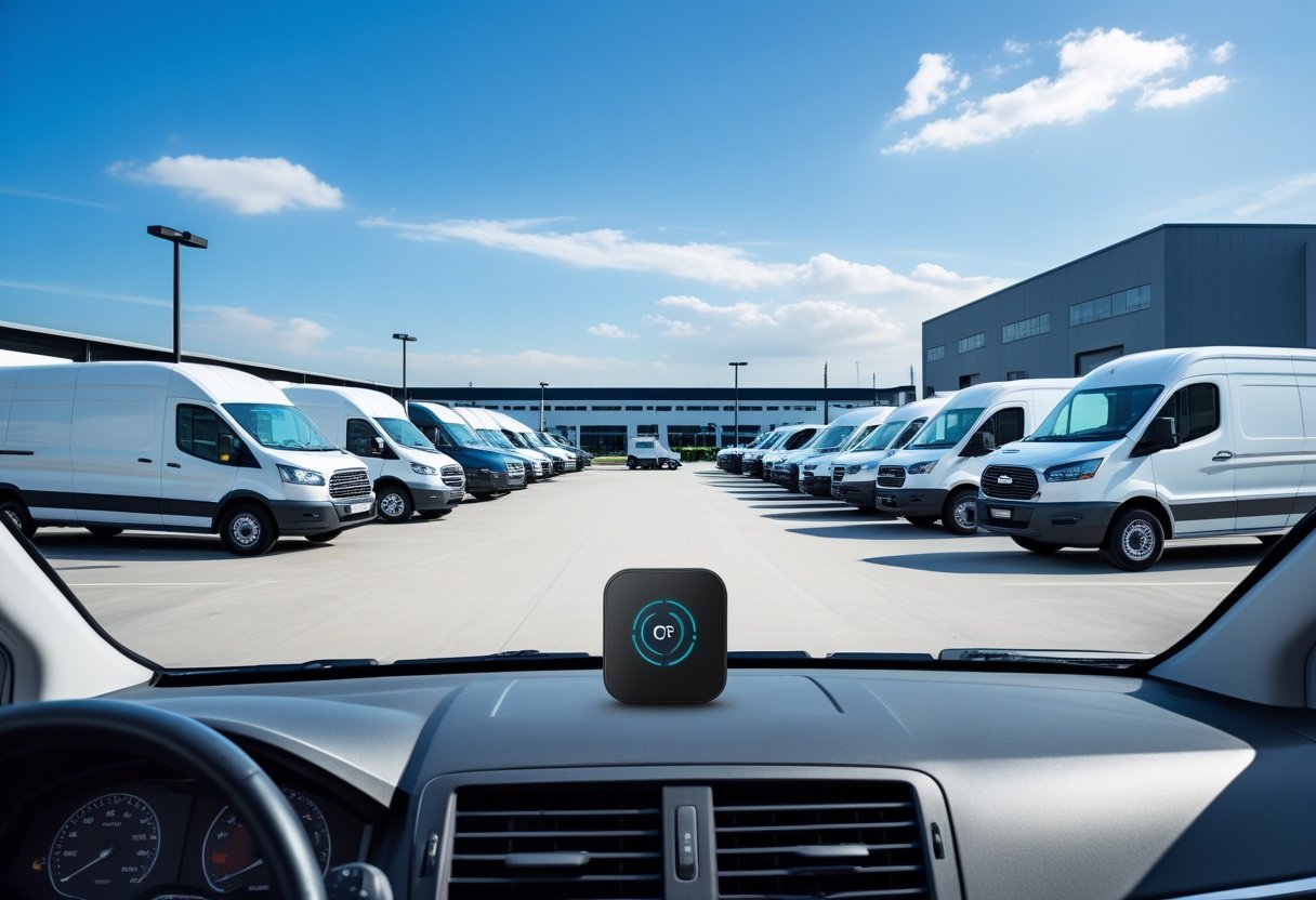 A fleet of commercial vehicles parked in an organized lot with a GPS tracking device visible on a vehicle dashboard.