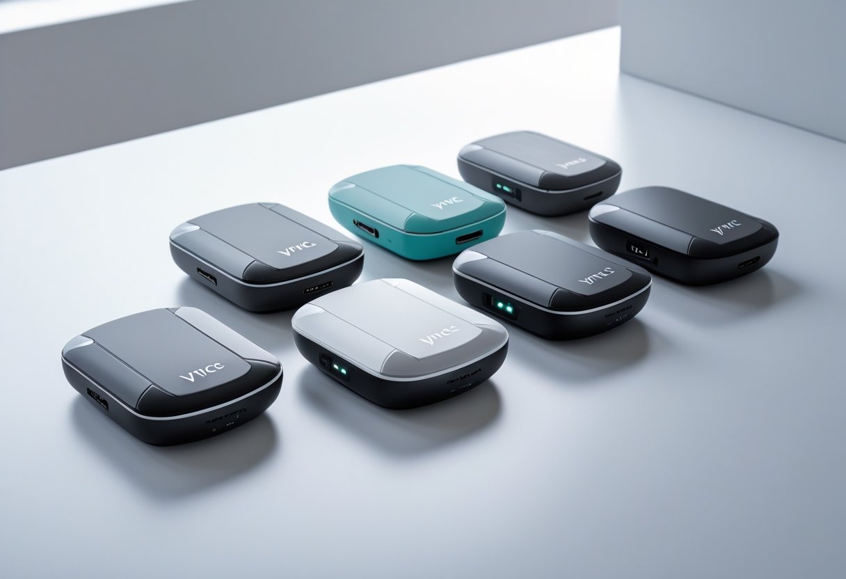Several compact Vyncs Tracker GPS devices arranged neatly on a white surface.