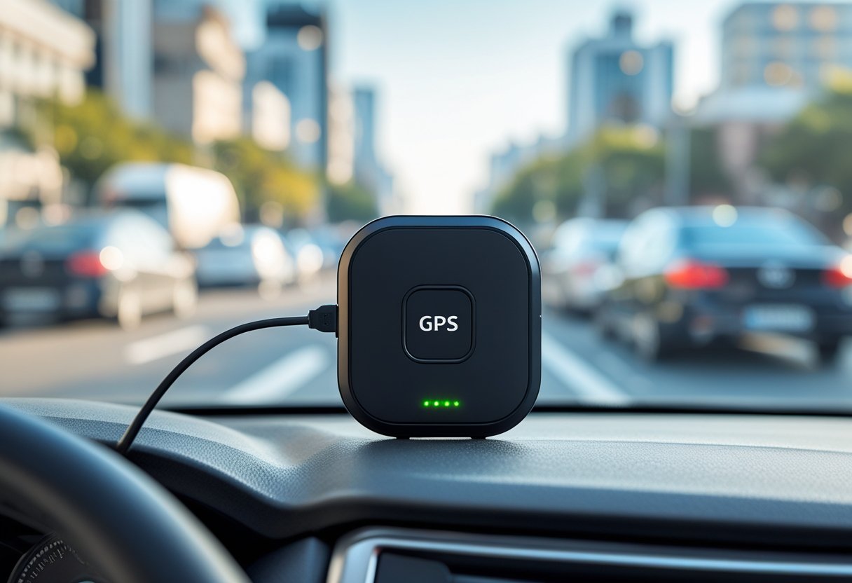 A compact GPS vehicle tracker device placed on a car dashboard with a city street visible through the windshield.