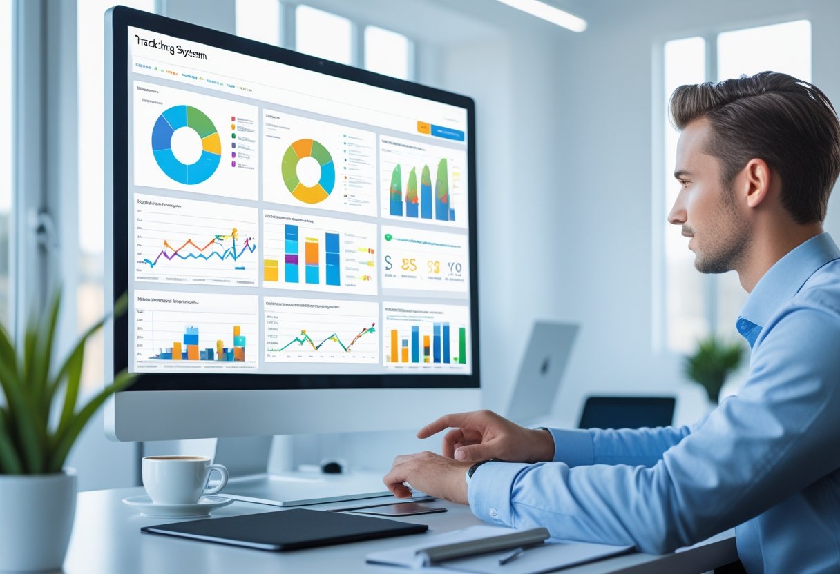 A business professional analyzing data visualizations on a computer screen in a modern office.
