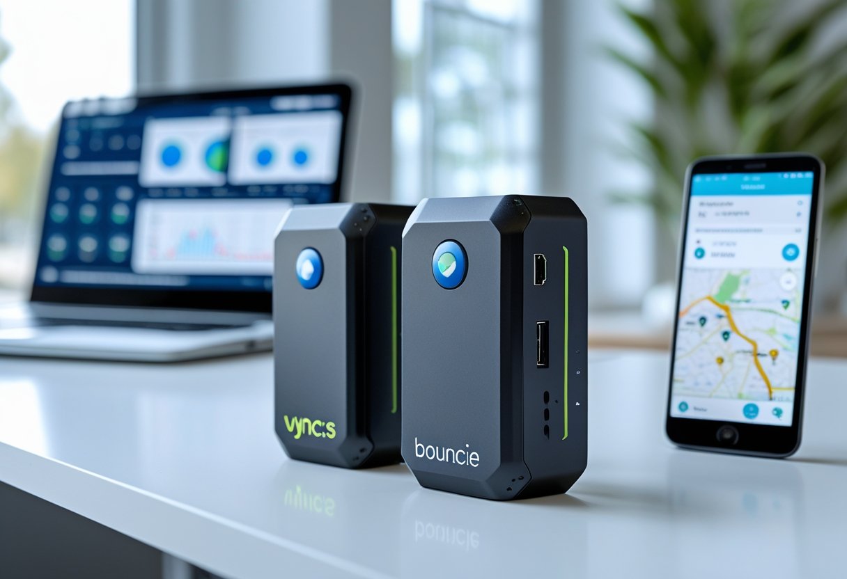 Two vehicle tracking devices placed side by side on a white table with a laptop and smartphone showing vehicle data in the background.