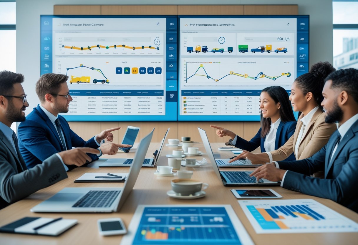 A group of business professionals in a conference room reviewing vehicle data and analytics on laptops and a large digital screen.