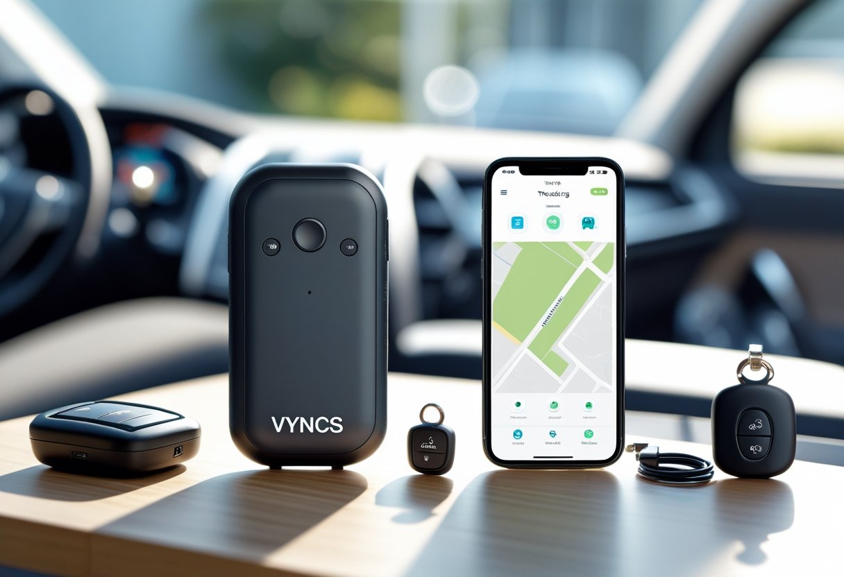 Two GPS vehicle tracking devices placed side by side on a table with a smartphone displaying a vehicle tracking app, set against a blurred car dashboard background.