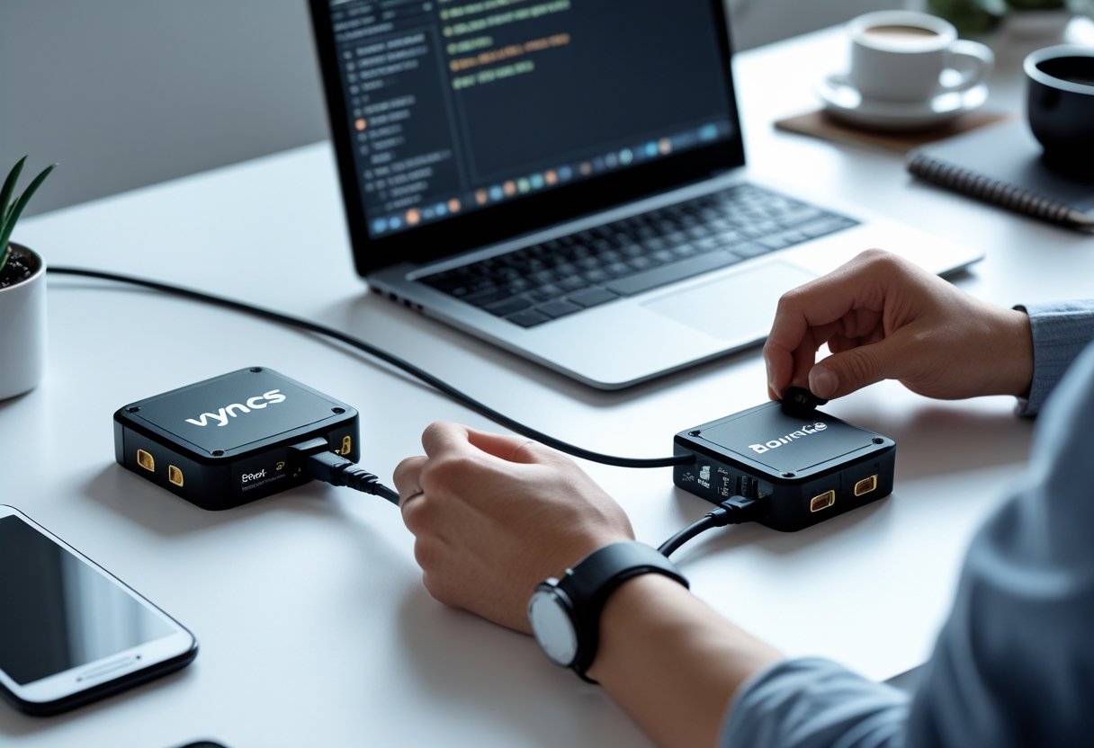 Hands setting up two GPS tracking devices on a desk with a laptop and tech accessories nearby.