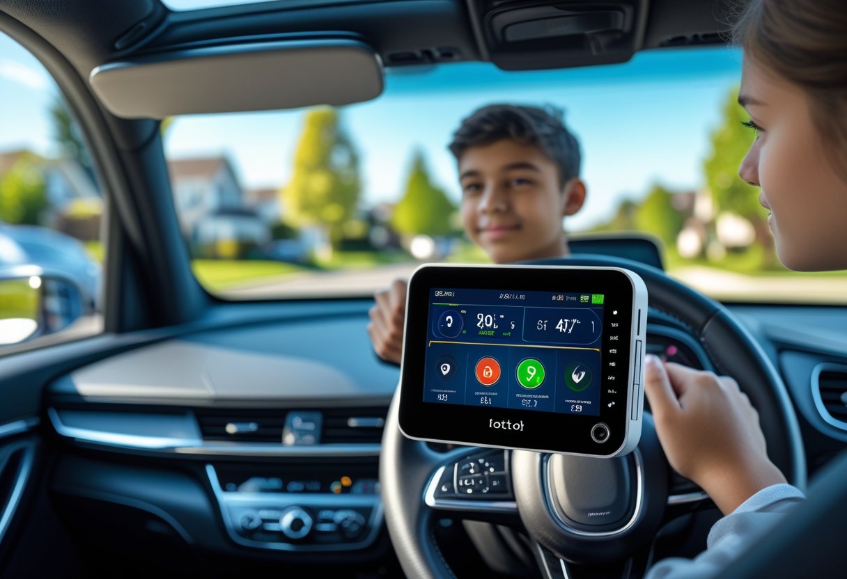 Teen driver inside a car with a driving monitor device on the dashboard displaying driving data.