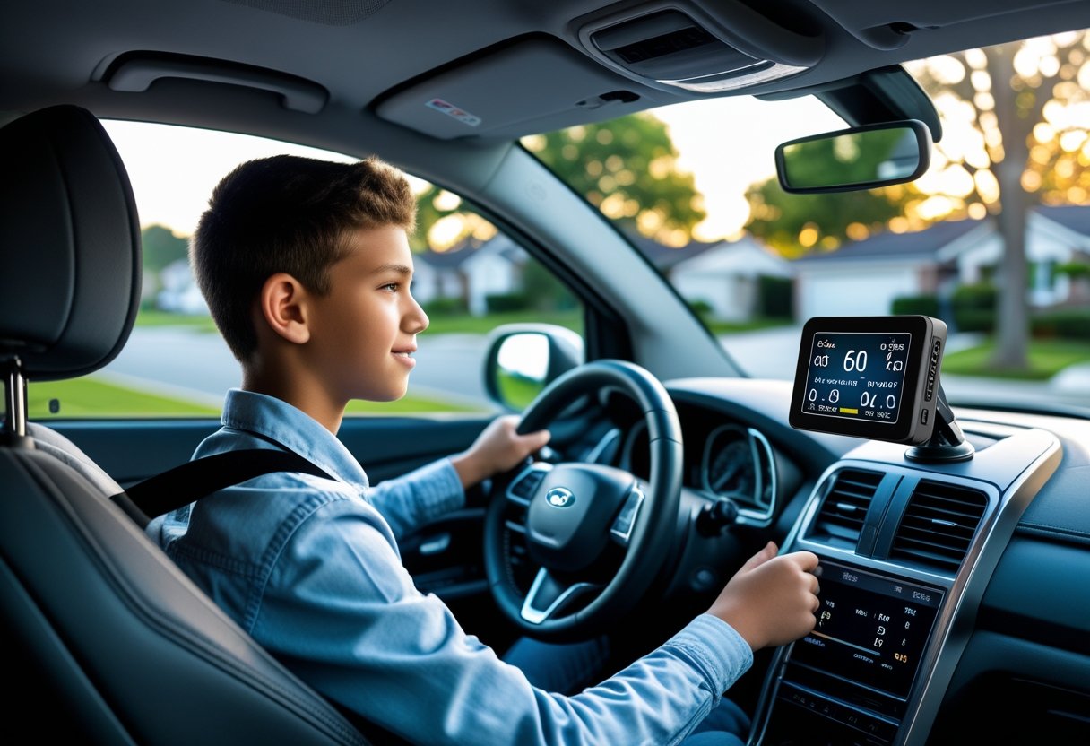 A teenage driver sitting in a car with a digital driving monitor device mounted on the dashboard.
