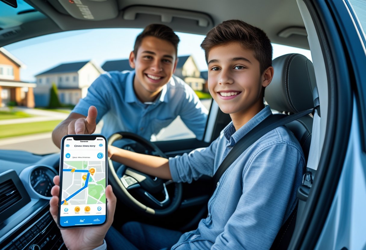 A teenage driver sits in a car while a parent outside points to a smartphone showing a car tracking app, with houses in the background.