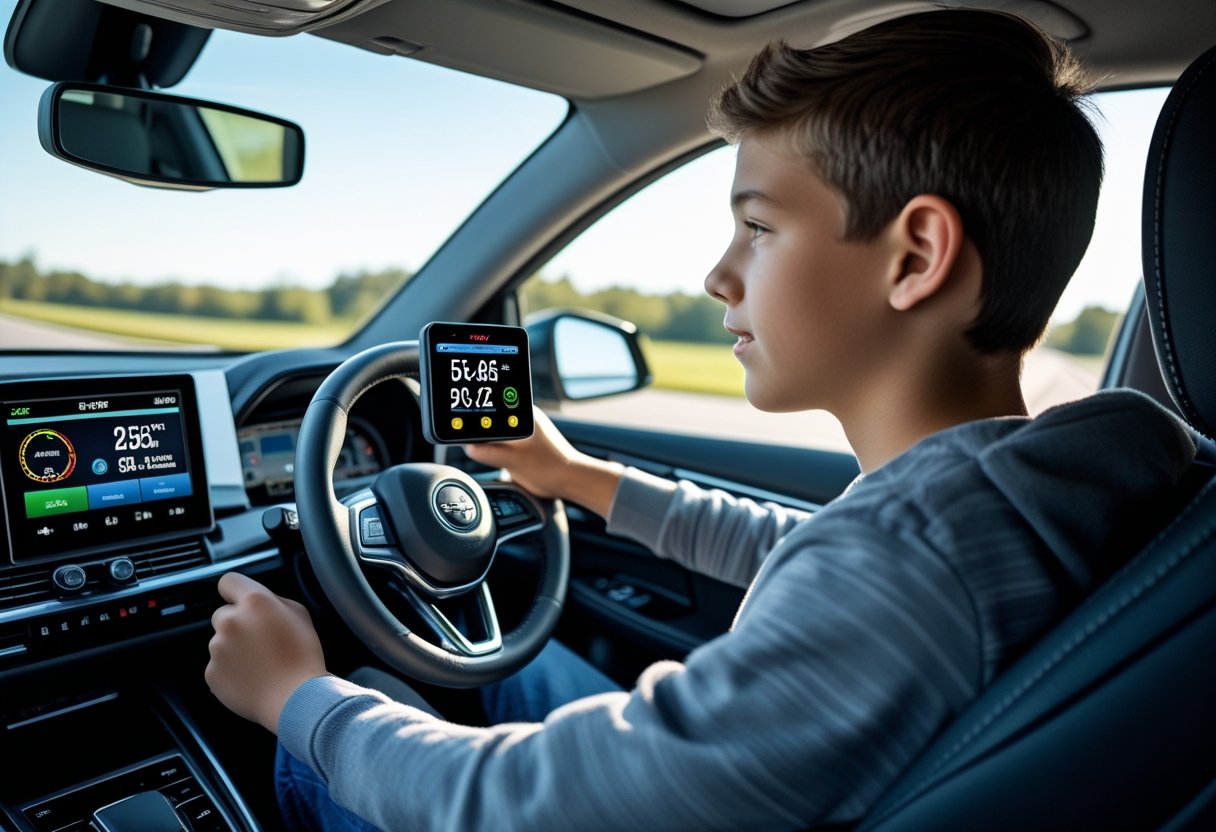 Teen driver inside a car using a digital driving monitor on the dashboard while focused on the road ahead.