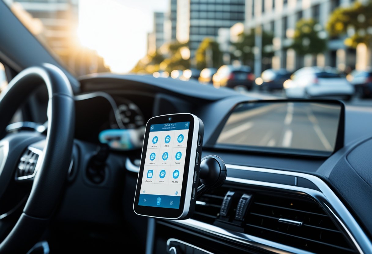 Car dashboard with a GPS tracking device mounted near the steering wheel, showing a city street through the windshield.