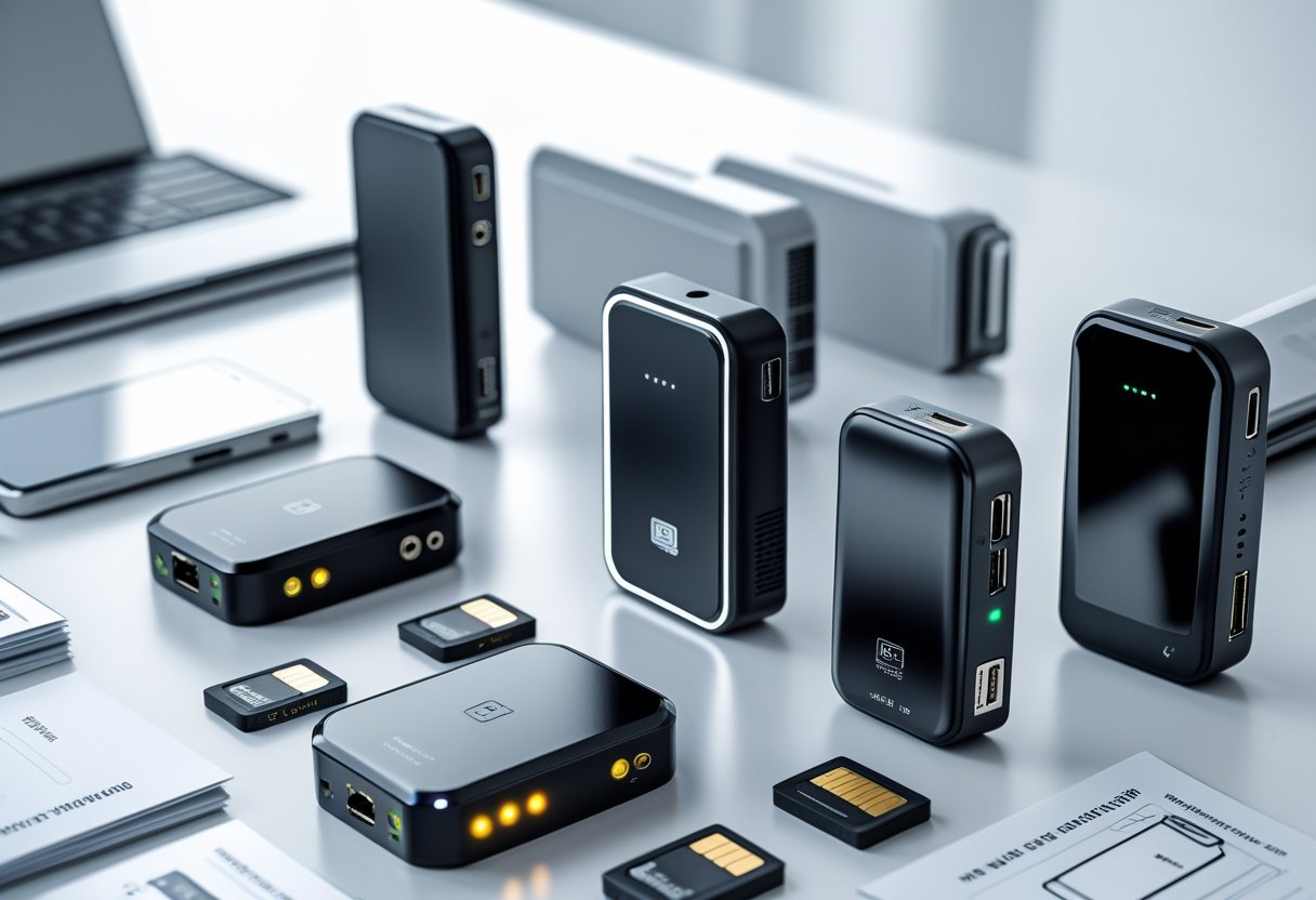 A collection of vehicle GPS tracking devices and accessories arranged on a white surface.