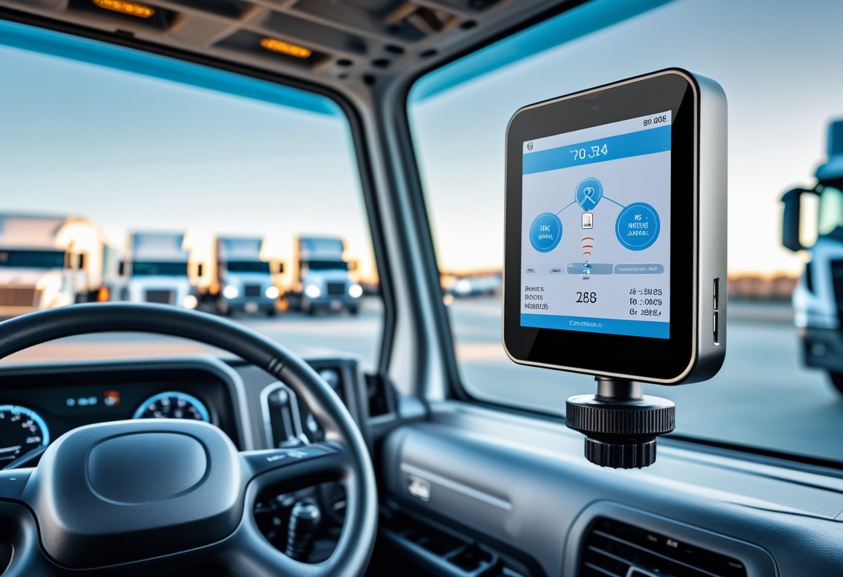 Interior view of a commercial truck dashboard showing a vehicle tracking device displaying GPS location and fleet data.