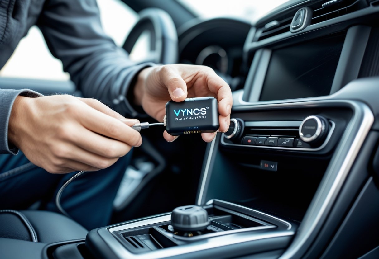 Hands installing a Vyncs tracker device into a car's OBD-II port under the dashboard.