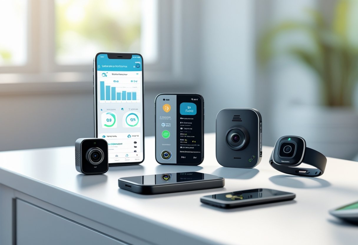A collection of teen driving monitoring devices including a GPS tracker, smartphone with driving app, dashcam, and wearable wristband arranged on a desk.