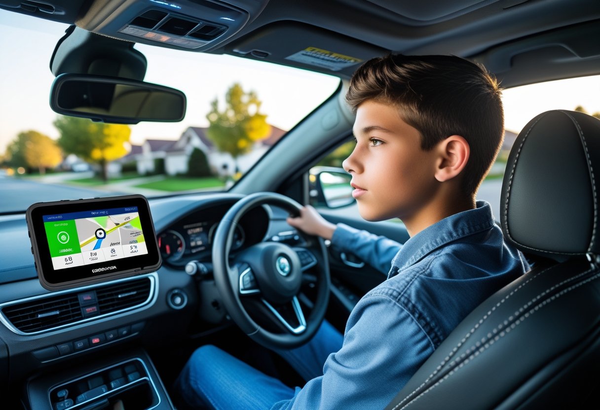 Teen driver inside a car looking at the road with a digital driving monitor and tracking devices visible on the dashboard.