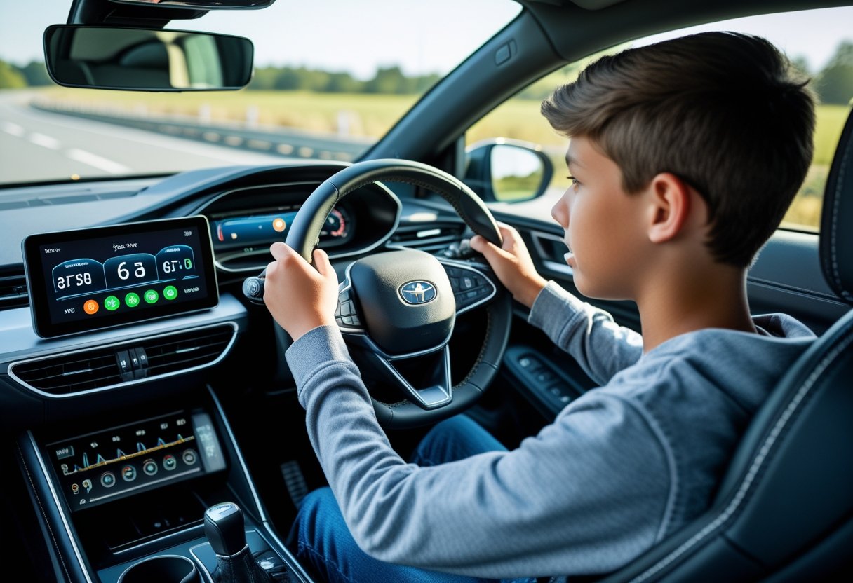 Teen driver focused on the road with a digital driving monitor displaying data on the car dashboard.