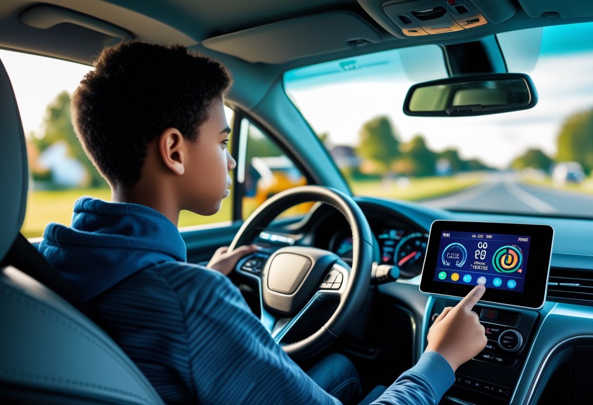 A teen driver inside a car looking at a digital driving monitor on the dashboard showing driving data.