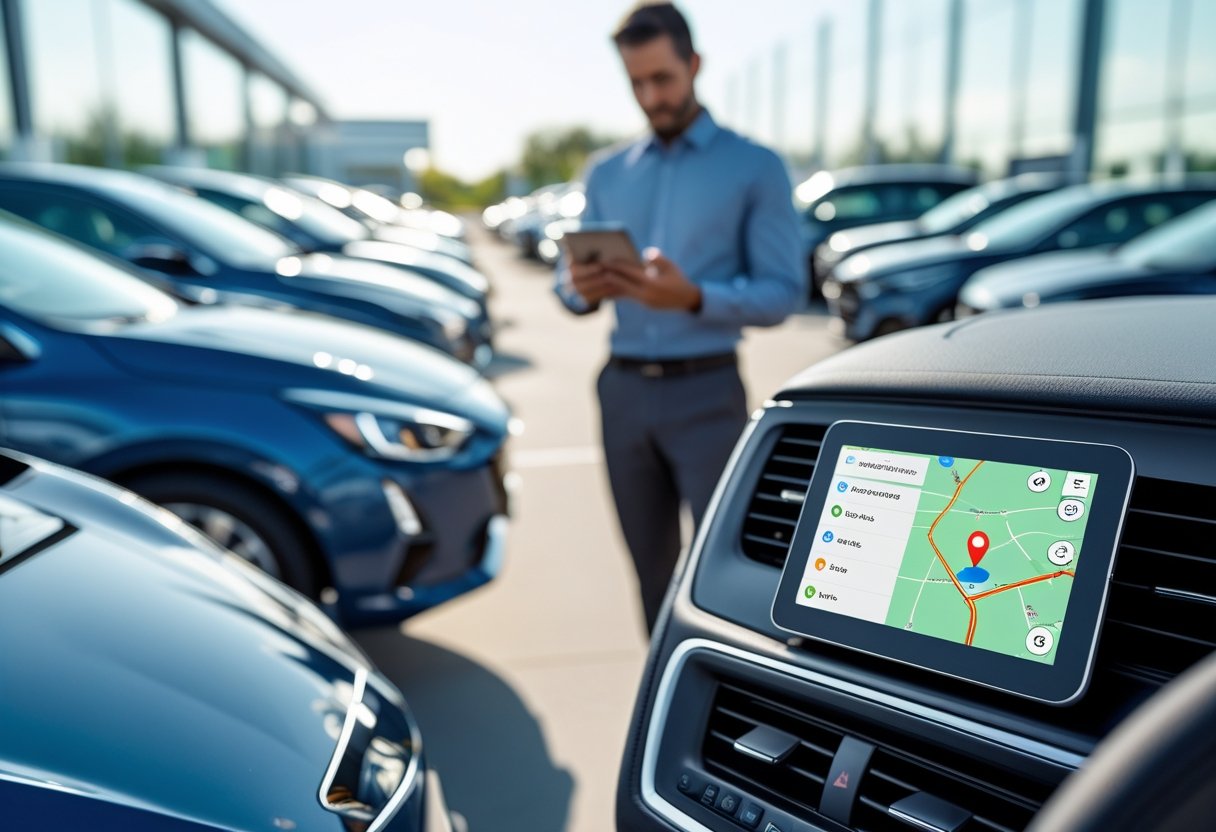 A car dealership lot with new cars and a close-up of a car dashboard showing a GPS tracking device, while an employee uses a tablet nearby.