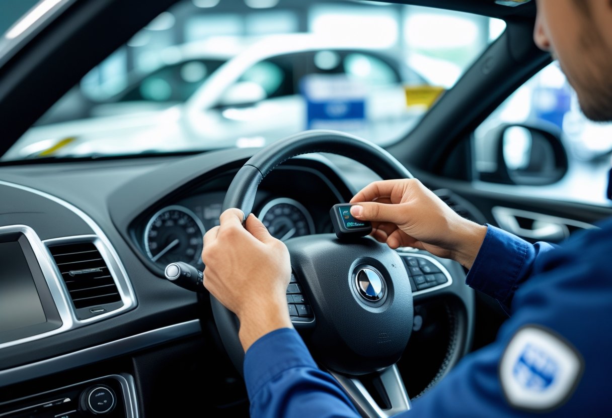 A technician installing a small GPS tracker under the dashboard of a car inside a dealership showroom.