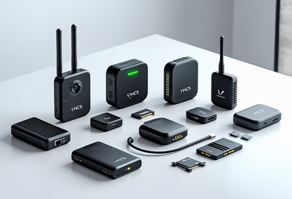 A collection of various GPS tracking devices and accessories displayed on a white surface.