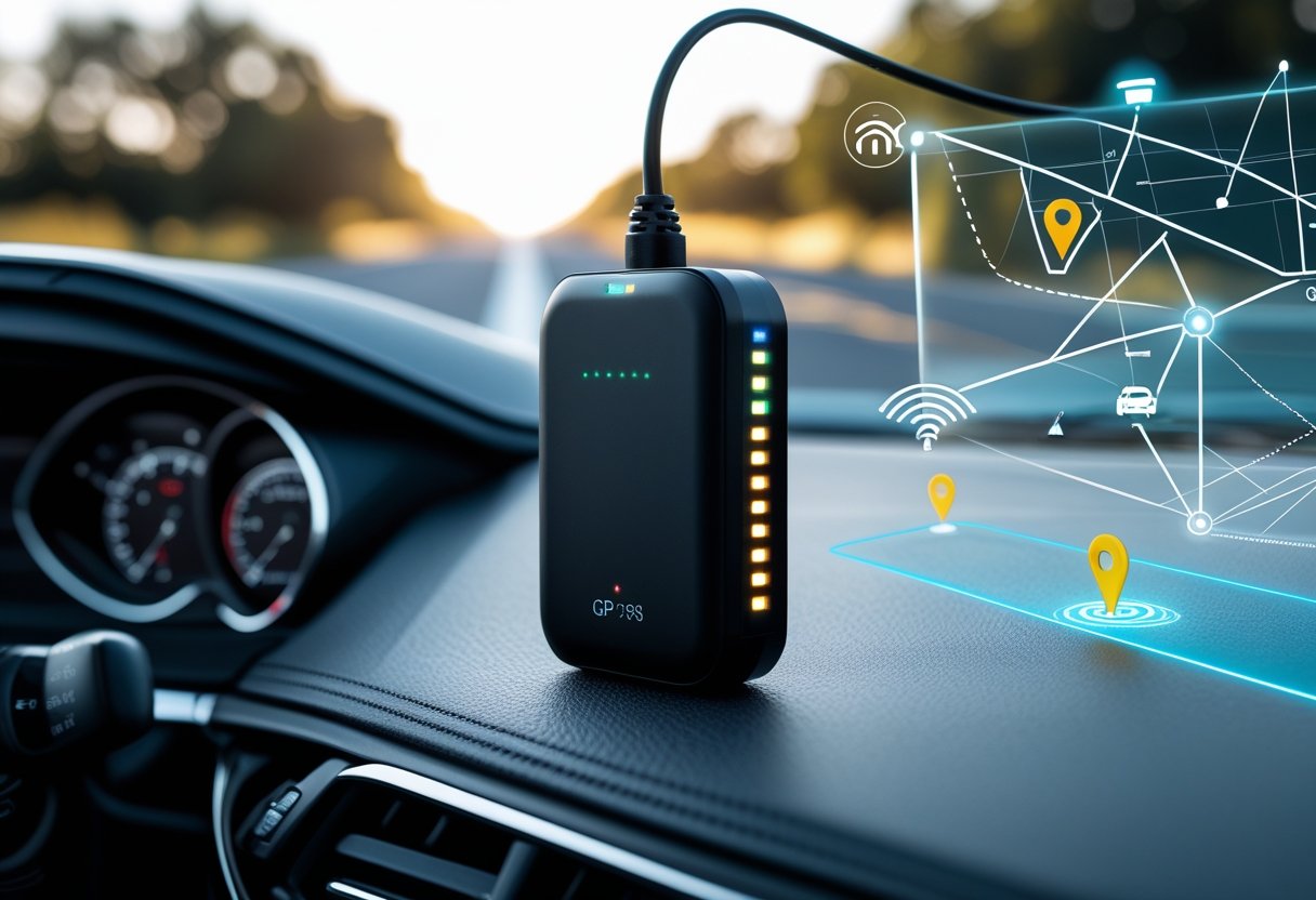 A GPS tracking device on a car dashboard with a digital map overlay showing routes and location signals.